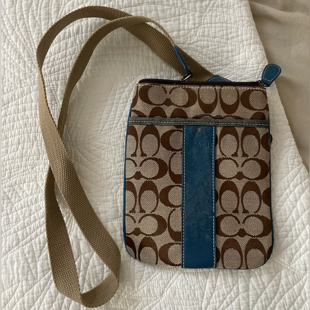 Coach Tan and Blue Signature Crossbody Bag